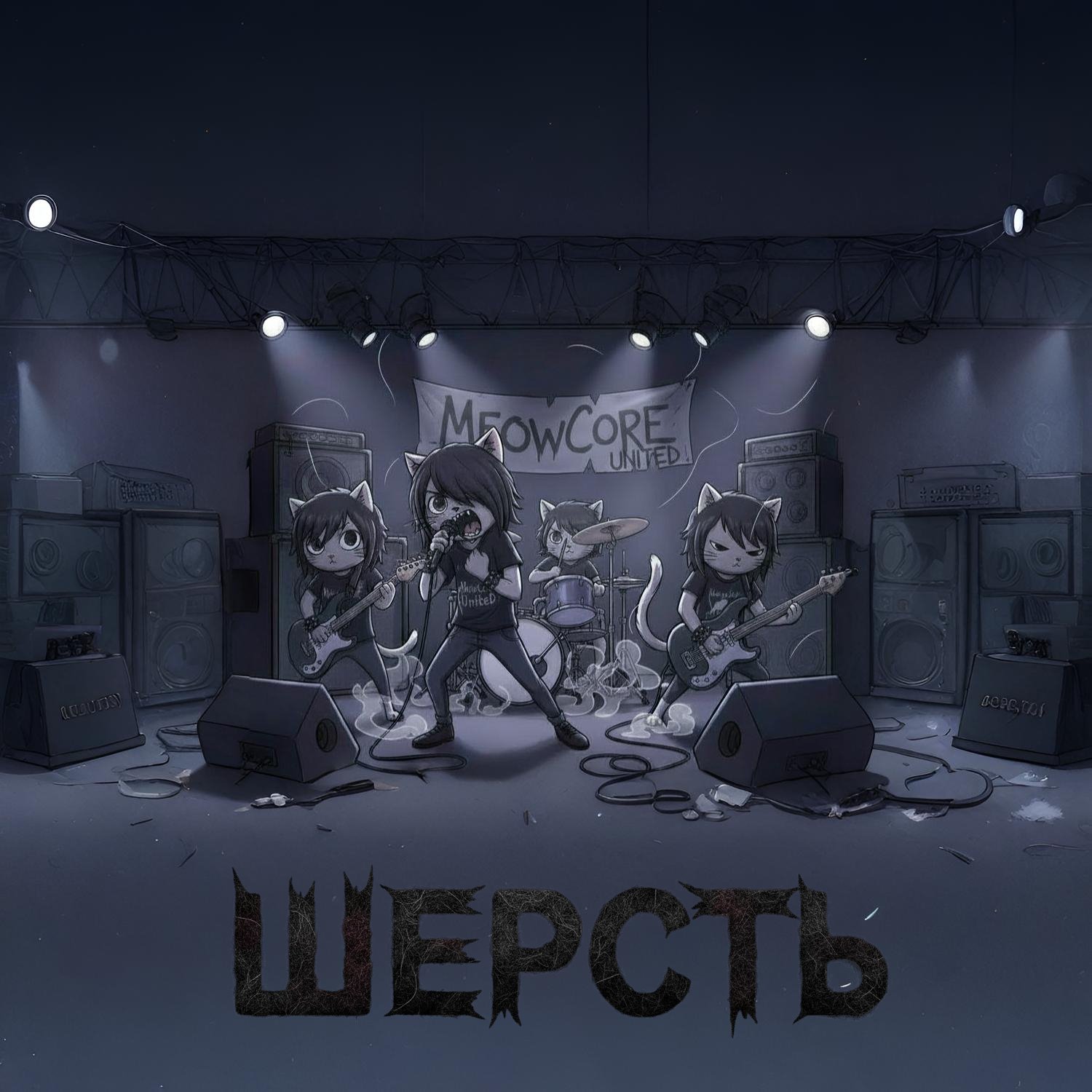 Обложка альбома «Шерсть»: коты-музыканты MeowCore United на сцене